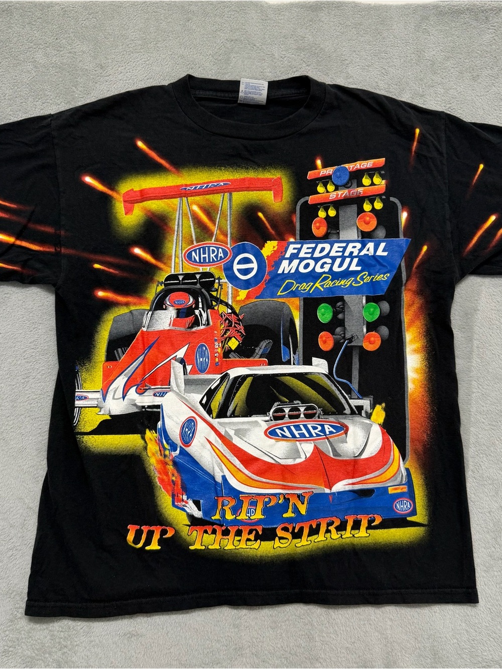 Vtg NHRA Nascar Drag Racing Hot Rods Federal Mogul AOP T-Shirt Tultex Mens Large
